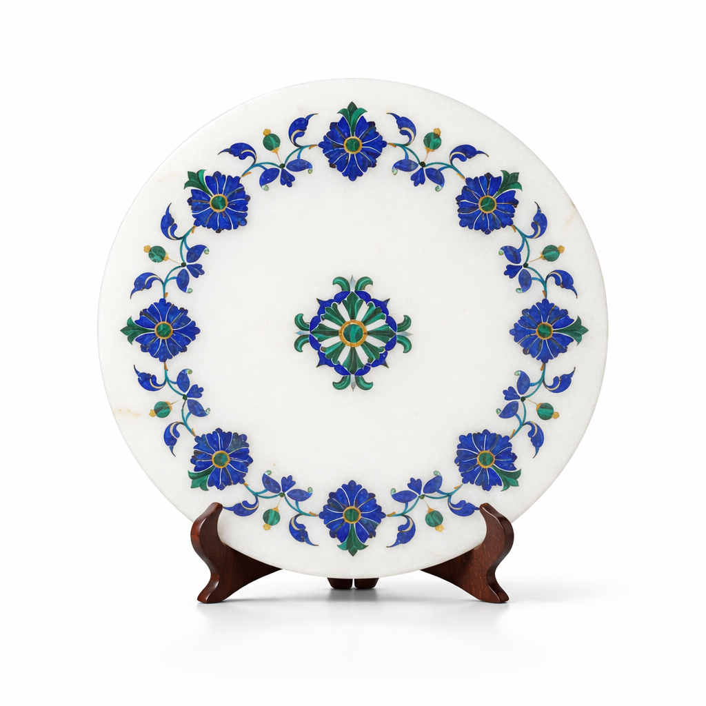 Handcrafted Marble Plate with Floral Lapis Lazuli & Malachite Inlay | Decorative Stone Art