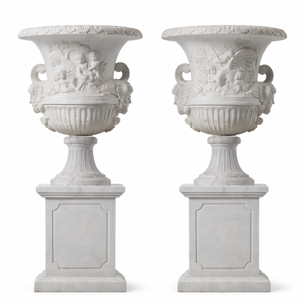 Handcrafted Marble Urn Planters with Pedestal (Set of 2) | Classical Garden Décor