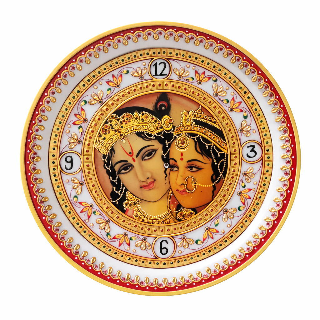 Radha Krishna Marble Wall Clock | Handcrafted Decorative Stone Clock with Gold Detailing