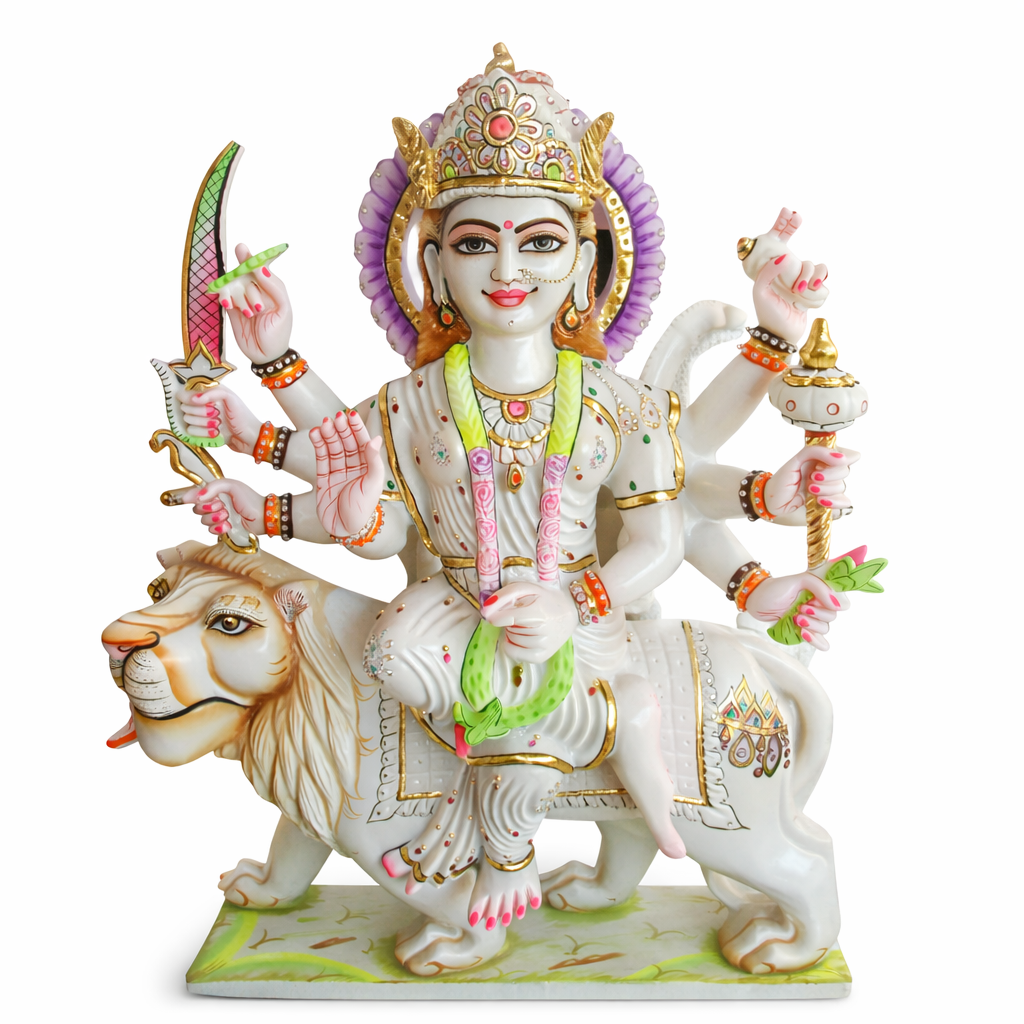 Handcrafted Marble Goddess Durga Idol on Lion | Decorative Spiritual Murti for Home & Pooja