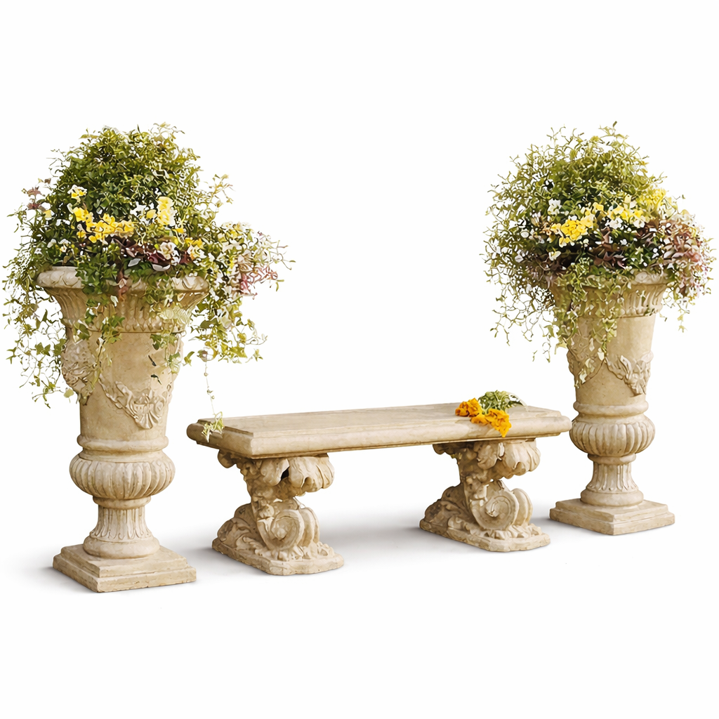 Luxury Marble Garden Bench with Planters Set | Outdoor Decorative Seating