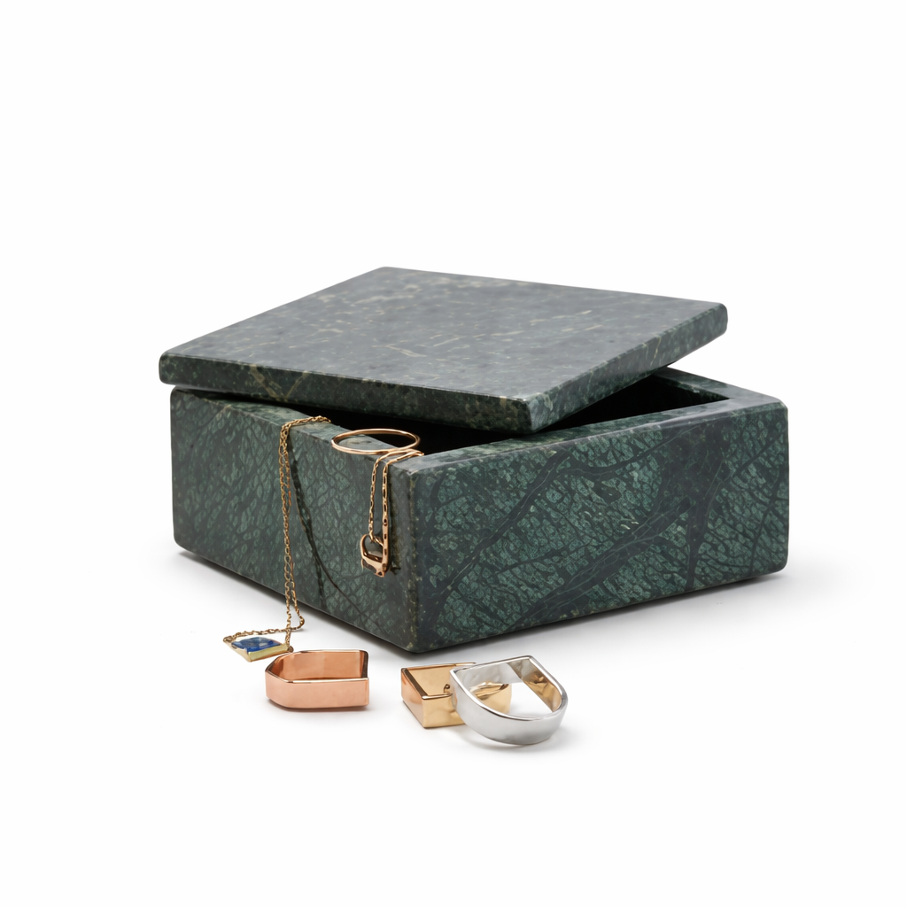 Handcrafted Green Marble Jewelry Storage Box | Elegant Organizer with Lid