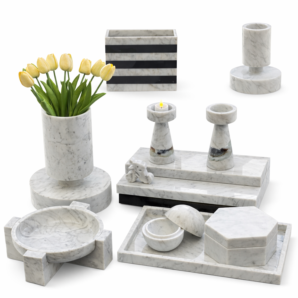 Luxury Marble Home Décor Set | Vase, Candle Holders, Tray & Organizer Combo