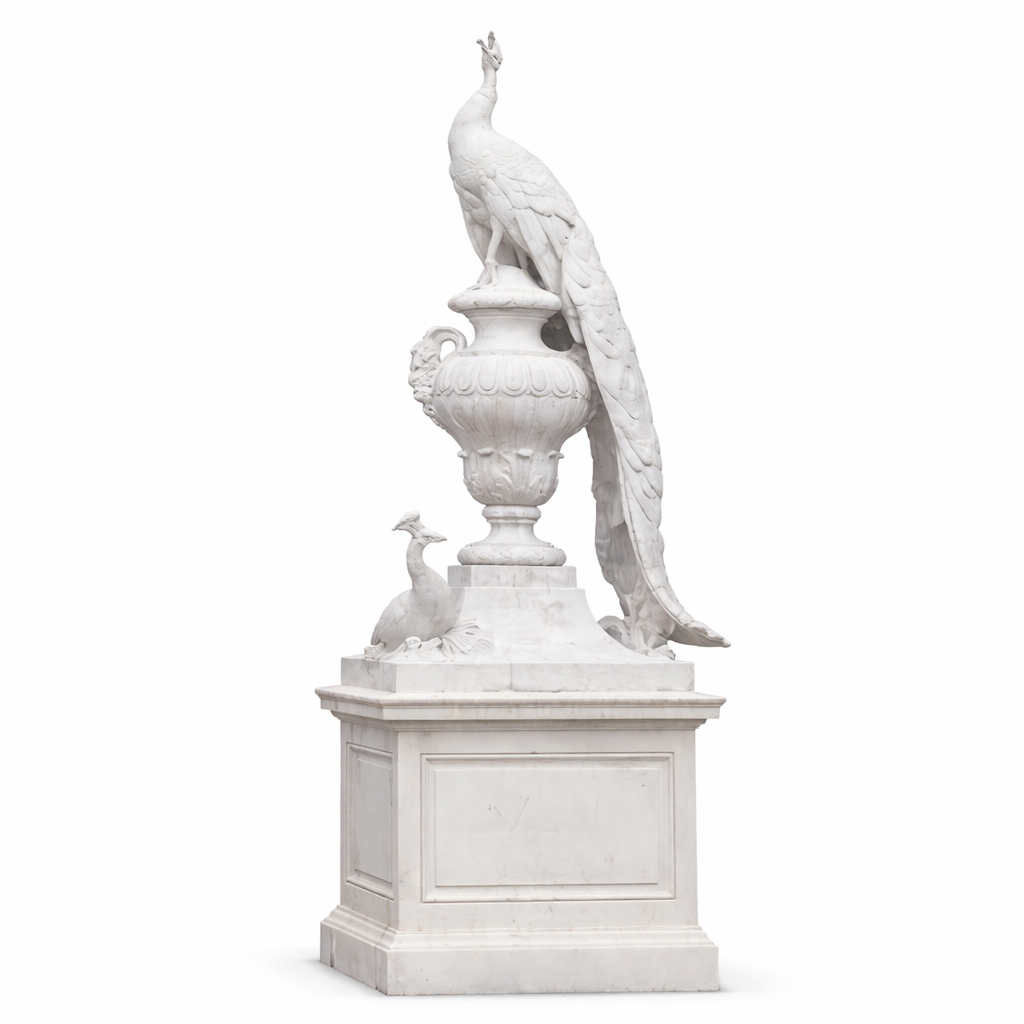 Handcrafted Marble Peacock Sculpture with Urn | Luxury Garden & Home Décor Statue