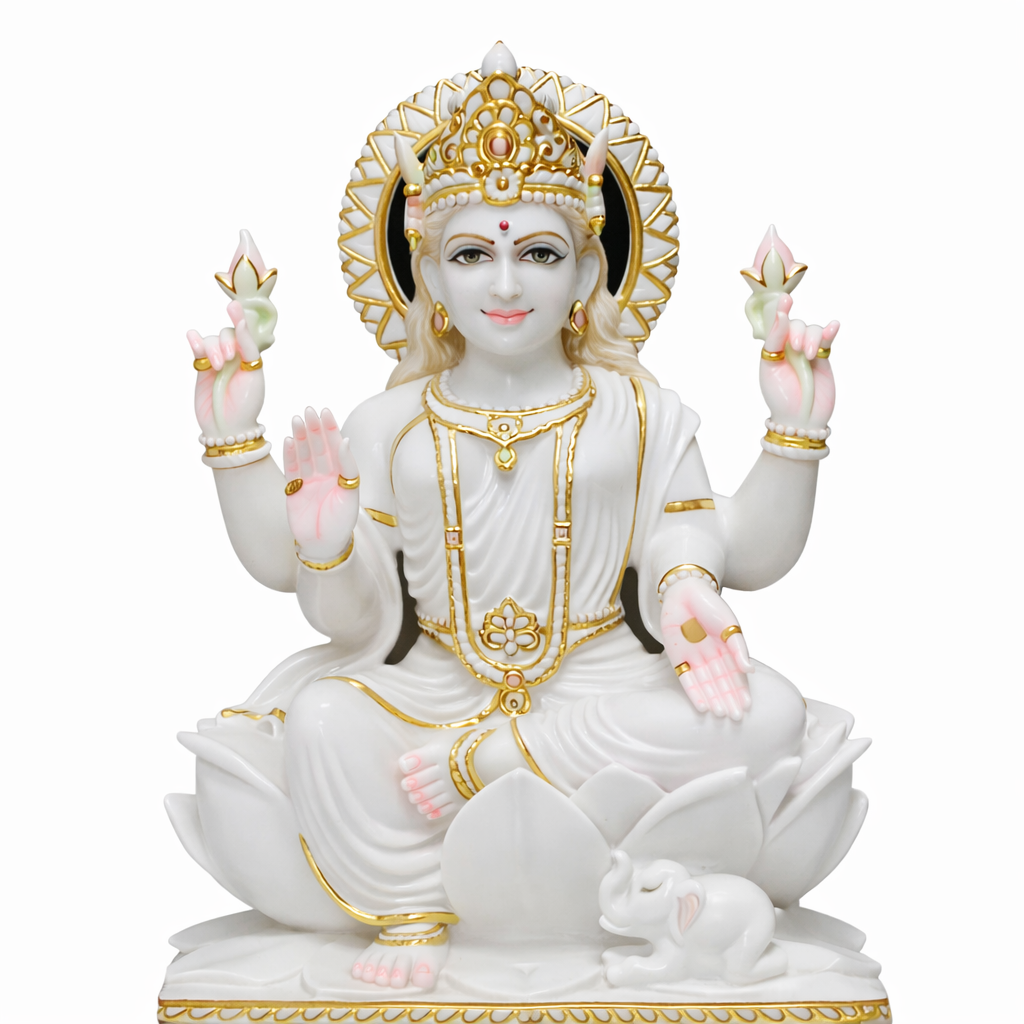 Handcrafted Marble Goddess Lakshmi Idol Sitting on Lotus | Elegant Spiritual Murti for Home & Pooja