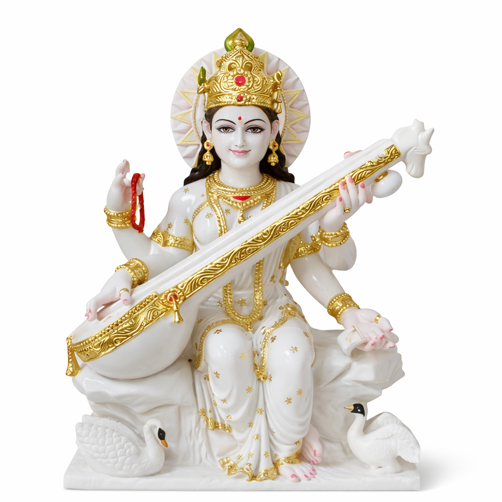 Handcrafted Marble Goddess Saraswati Idol with Veena | Elegant Spiritual Murti for Home & Pooja