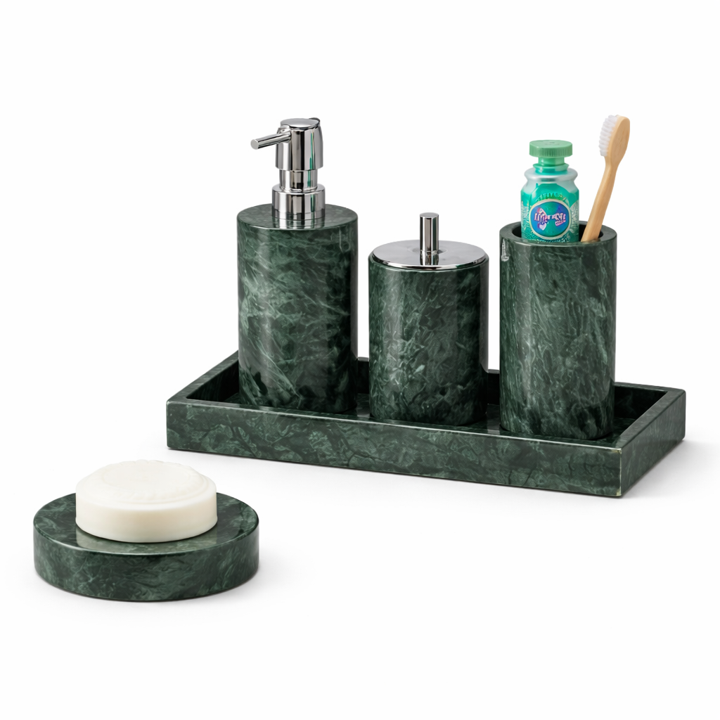 Luxury Green Marble Bathroom Accessories Set | Soap Dispenser, Holder & Tray Combo