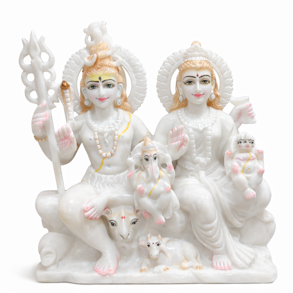 Handcrafted Marble Shiv Parivar Idol | Divine Shiva Parvati Ganesha Murti Set