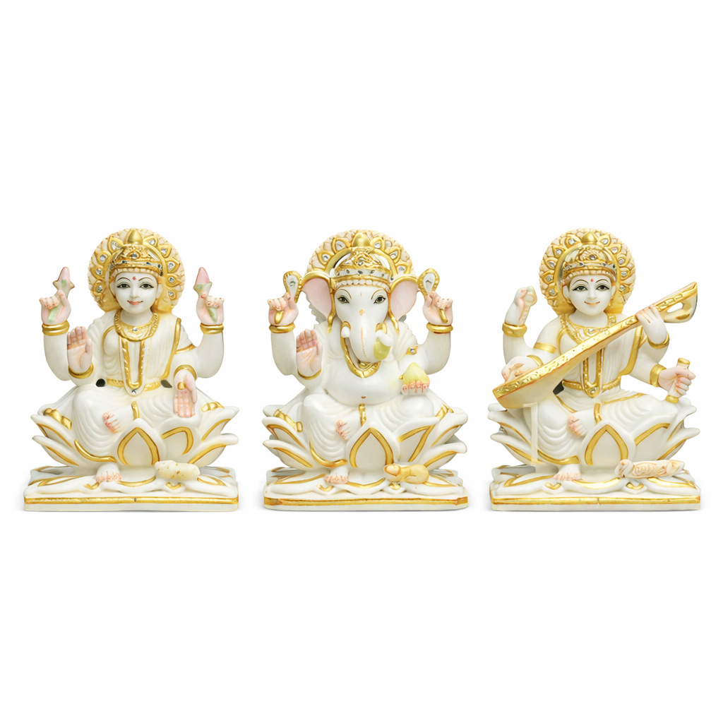 Handcrafted Marble Laxmi Ganesh Saraswati Idol Set | Divine Murti for Home & Pooja