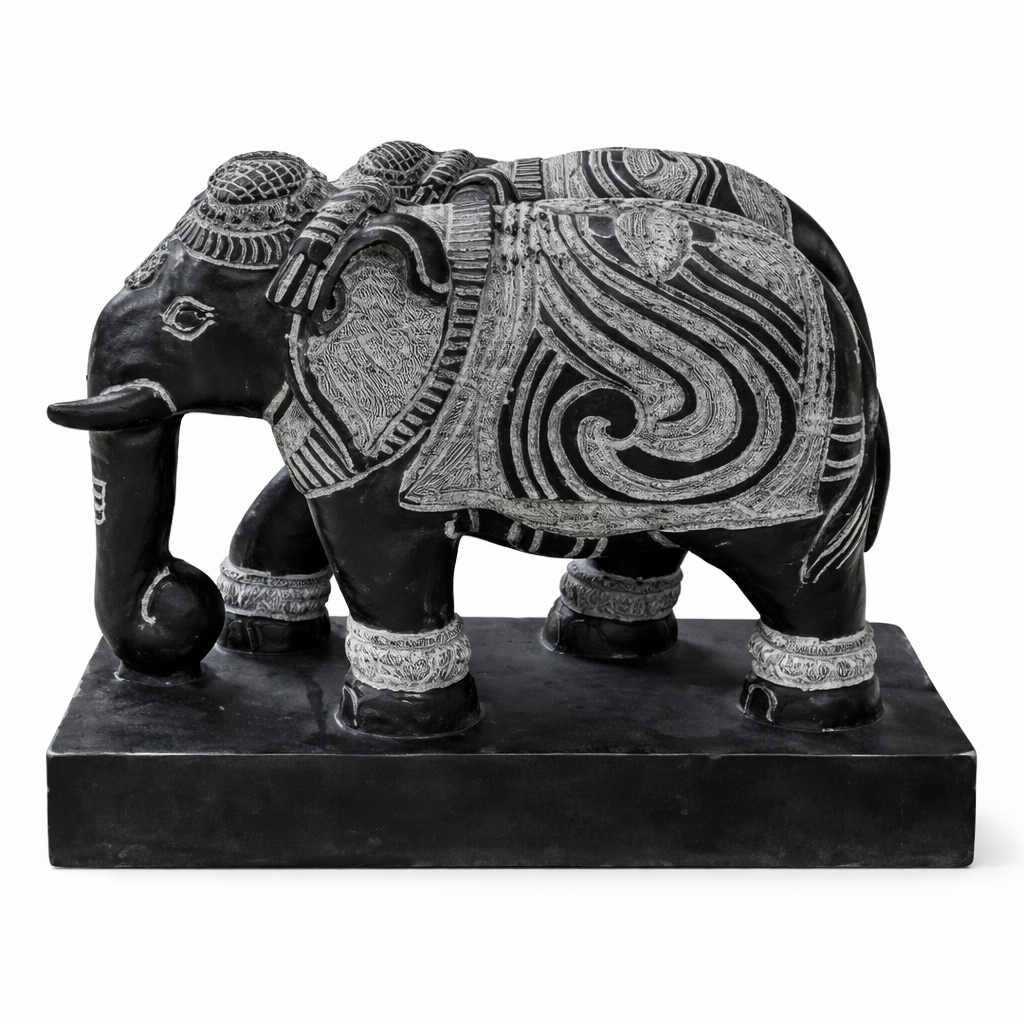 Handcrafted Black Marble Elephant Statue | Decorative Stone Elephant Sculpture with Intricate Carving