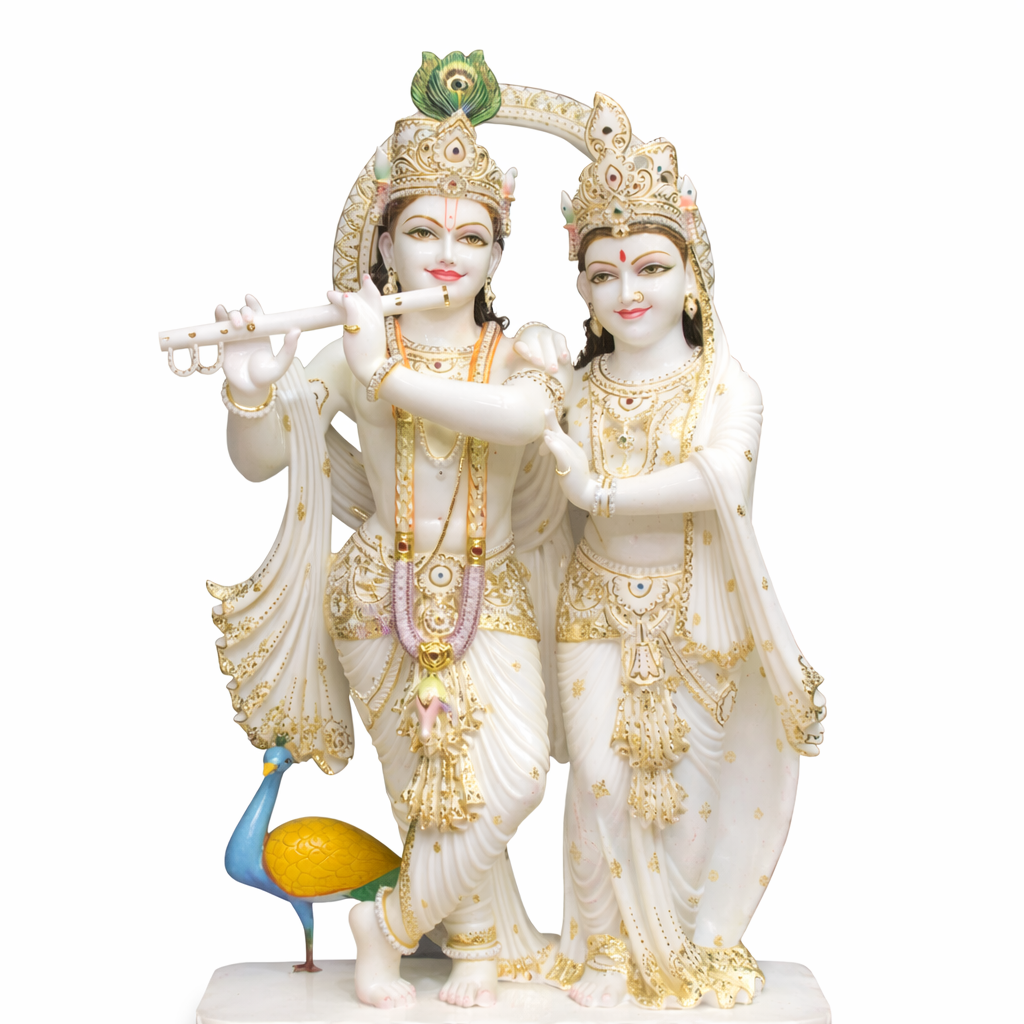 Handcrafted Marble Radha Krishna Idol | Luxury White Stone Divine Statue with Gold Detailing
