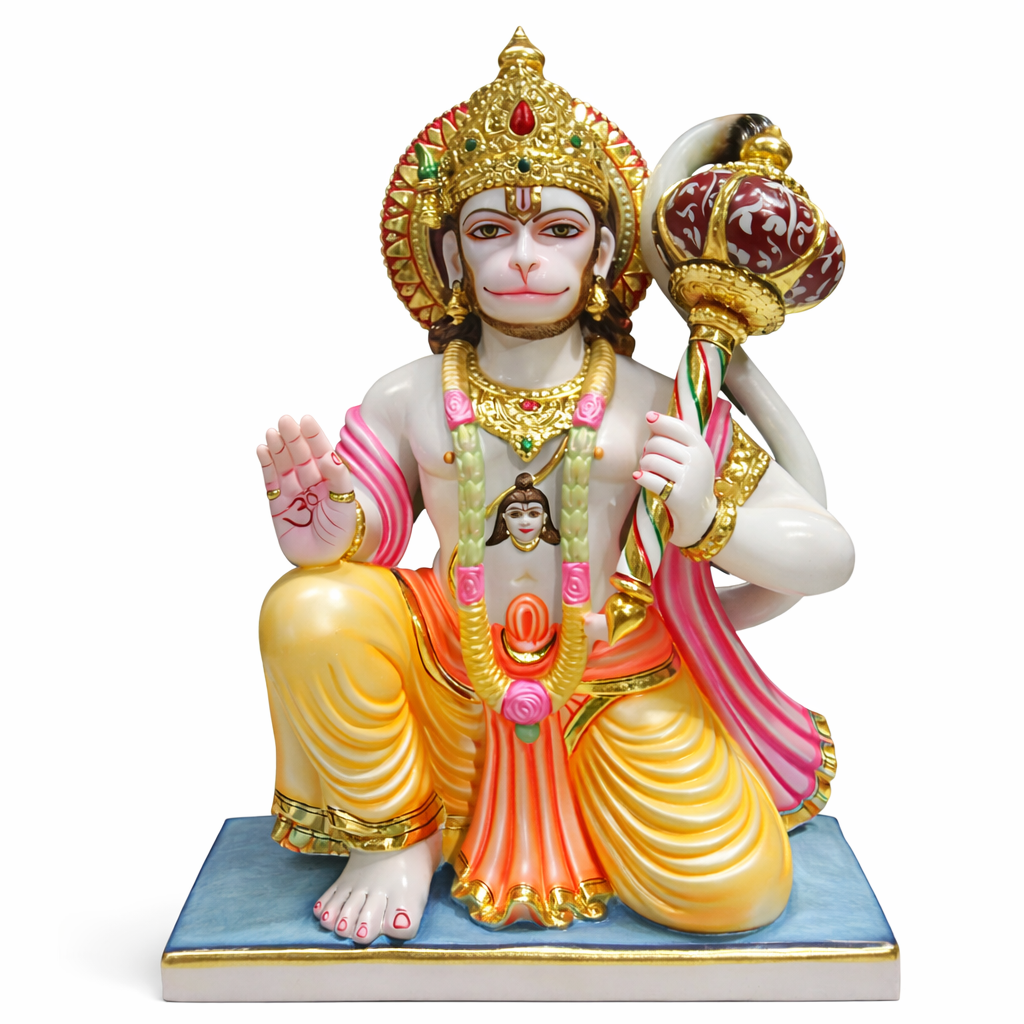 Handcrafted Marble Hanuman Idol | Divine Bajrangbali Statue with Gold Detailing