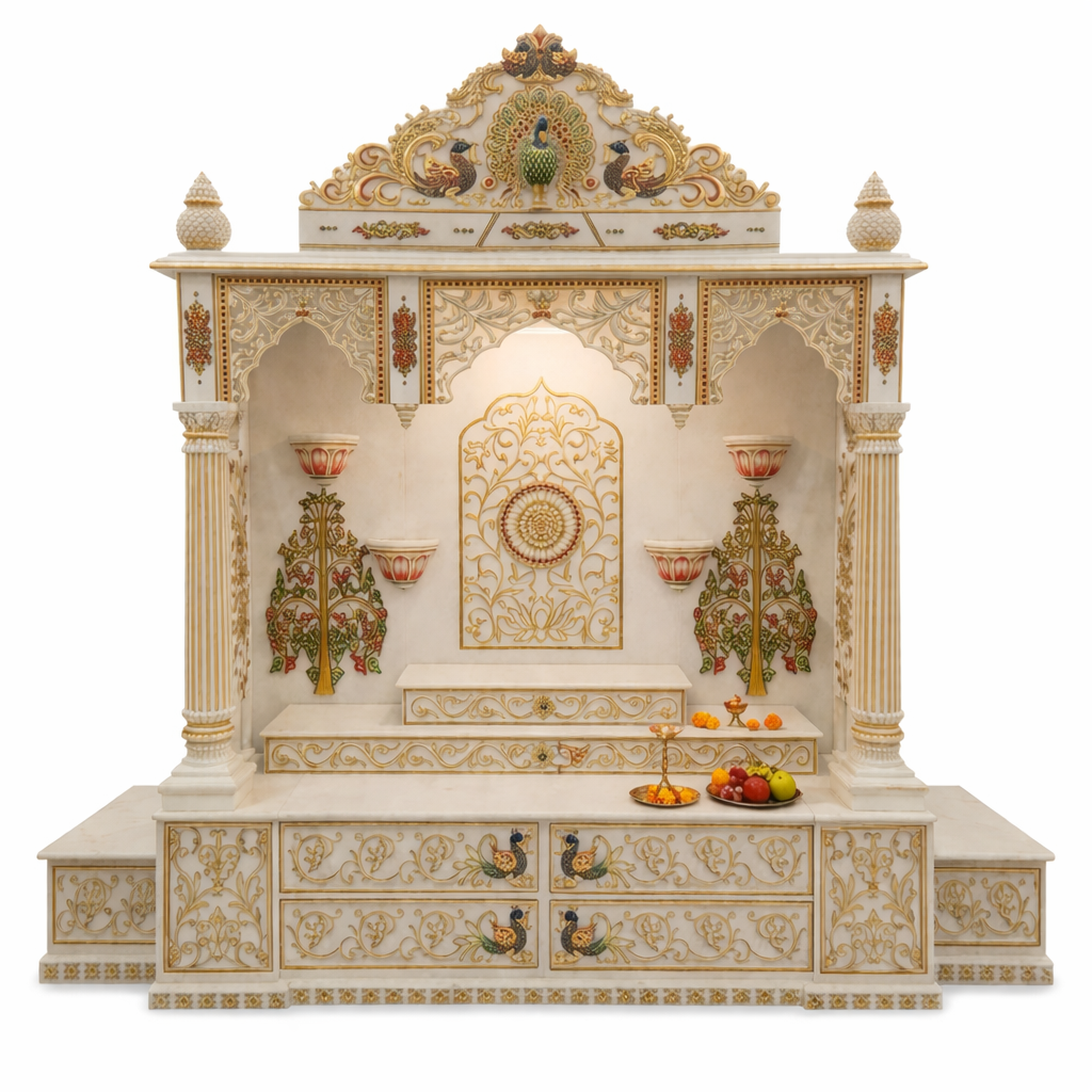 Elegant White Marble Mandir with Intricate Gold Carvings