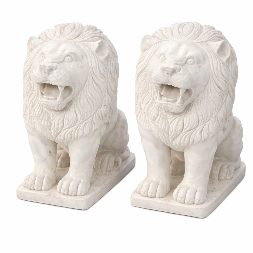 Handcrafted Marble Lion Statue Set | Royal Stone Lion Sculptures (Pair)