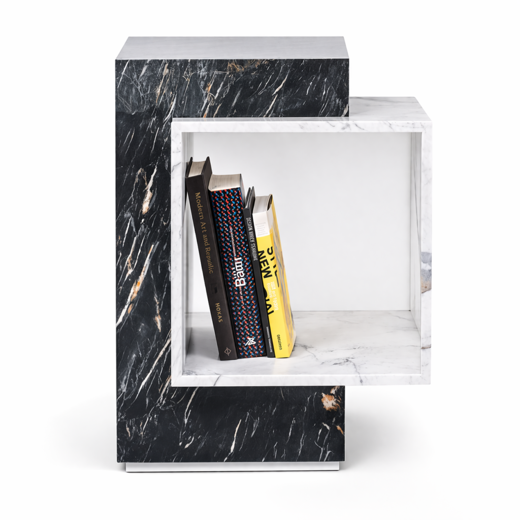 Modern Marble Storage Side Table | Designer Cube End Table with Open Shelf