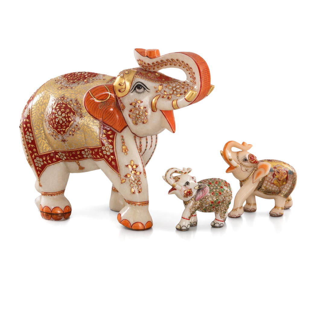 Handcrafted Marble Elephant Family Set | Decorative Stone Elephant Figurines (Set of 3)