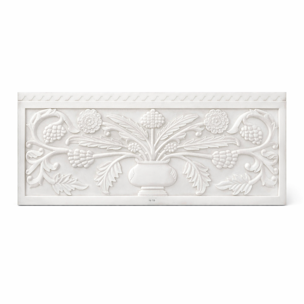 Handcrafted Marble Wall Panel | Decorative Floral Relief Stone Carving