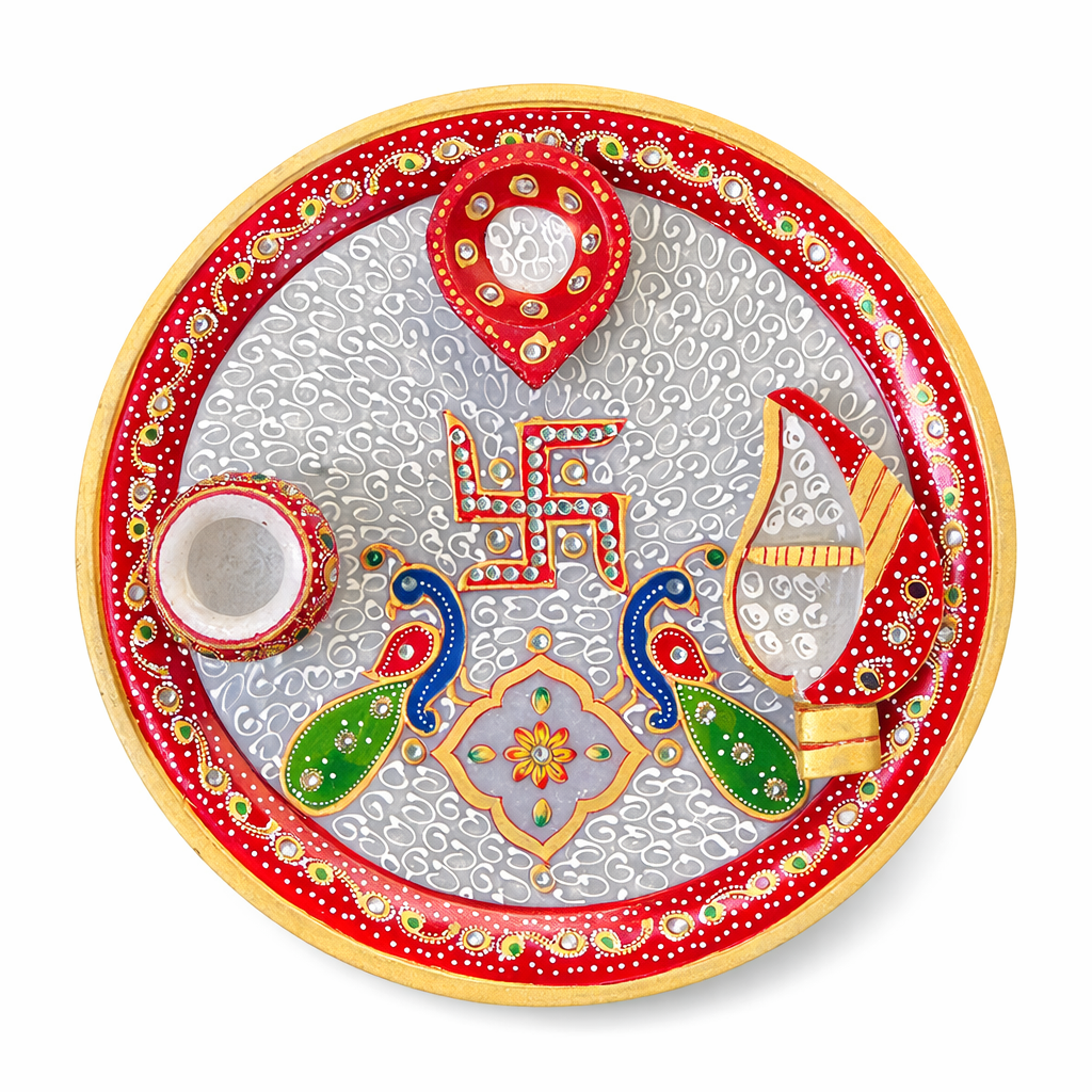 Handcrafted Marble Pooja Thali Set with Diya & Accessories | Decorative Aarti Plate
