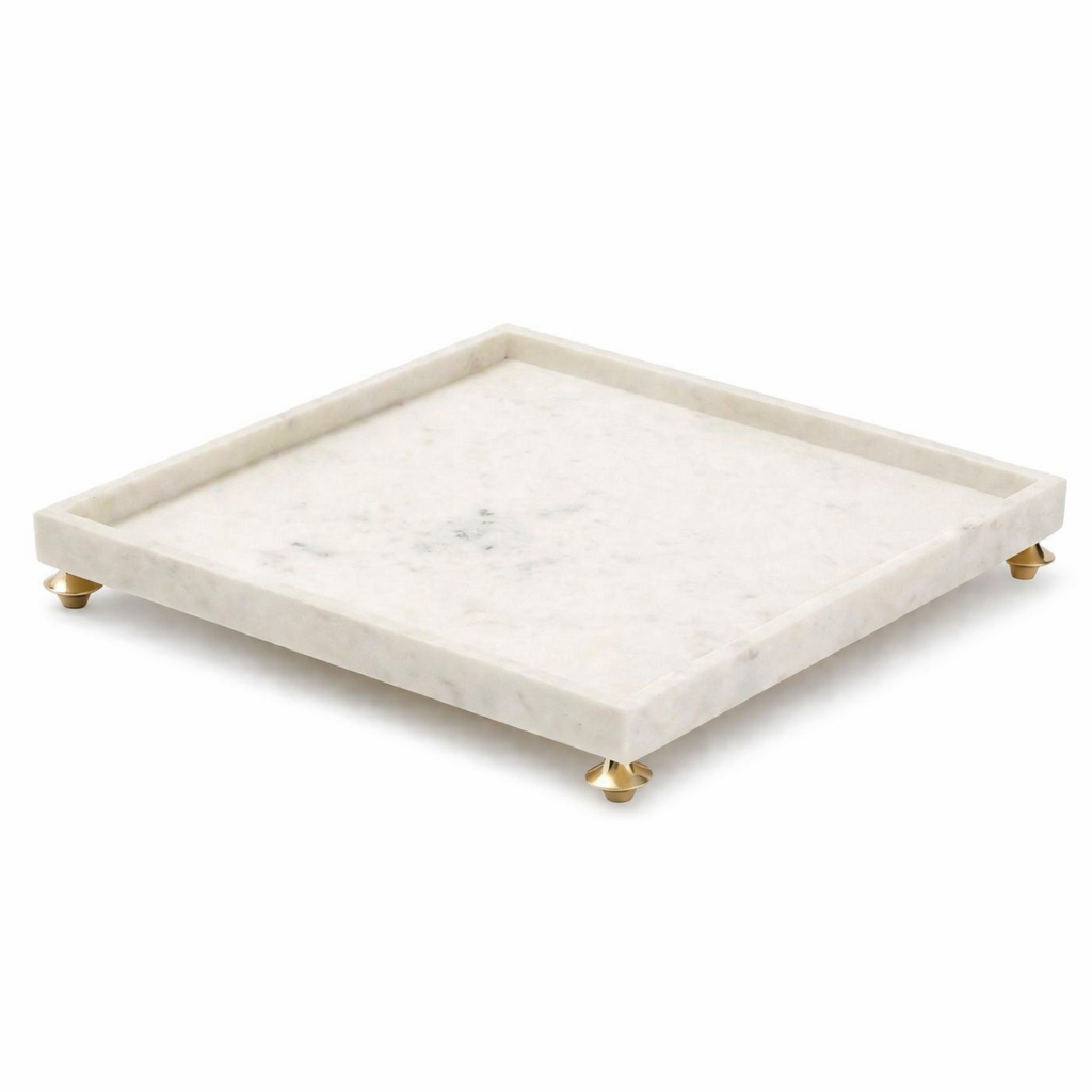 Luxury Marble Serving Tray | Handcrafted Stone Tray with Gold Feet